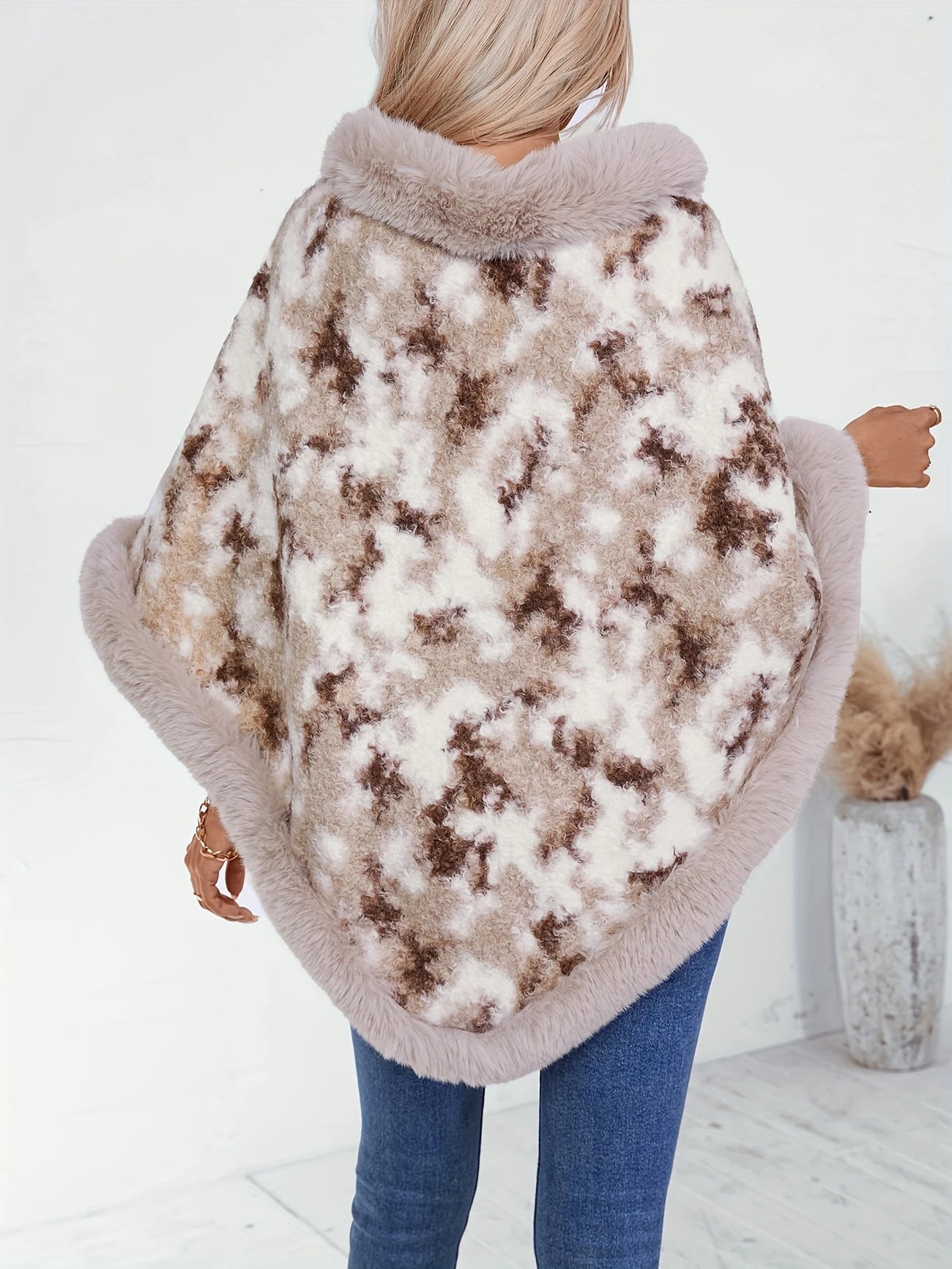 Mia - Poncho de punto difuso con cuello redondo, jersey casual de manga larga con dobladillo de pañuelo