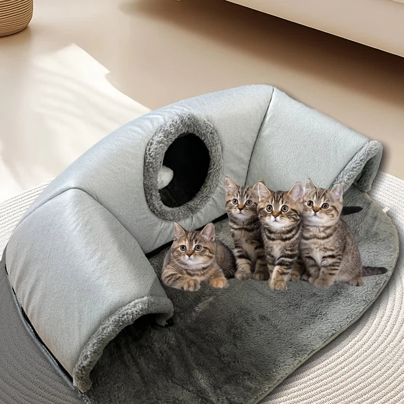 3 en 1 Túnel de Juego para Gatos, Cama de Gato, Cama Cálida y Confortable para Mascotas