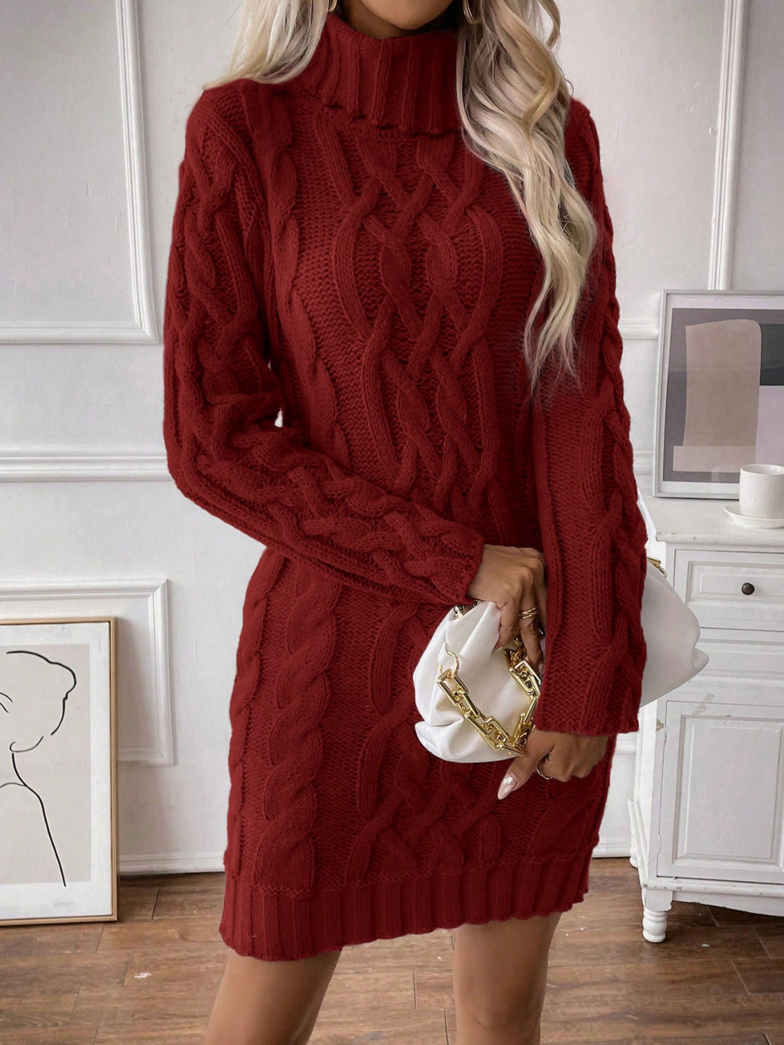 Claris - Vestido De Jersey De Punto De Cable Con Cuello De Tortuga Para Mujer