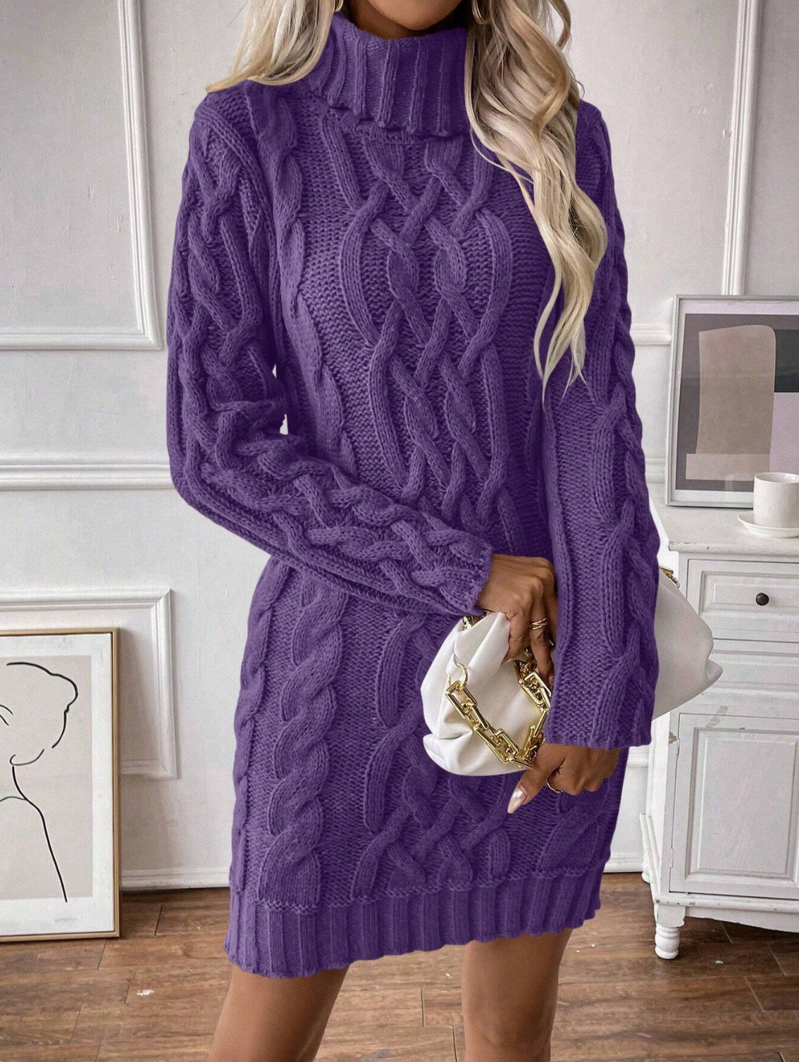 Claris - Vestido De Jersey De Punto De Cable Con Cuello De Tortuga Para Mujer