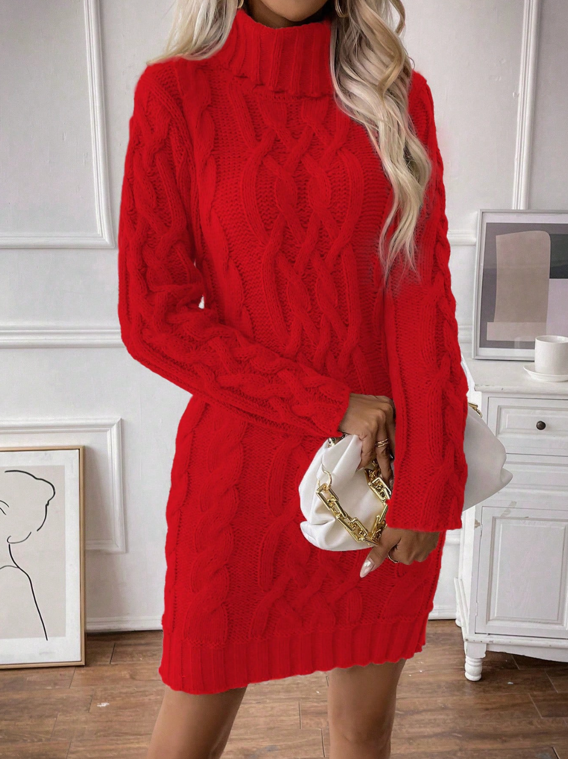 Claris - Vestido De Jersey De Punto De Cable Con Cuello De Tortuga Para Mujer