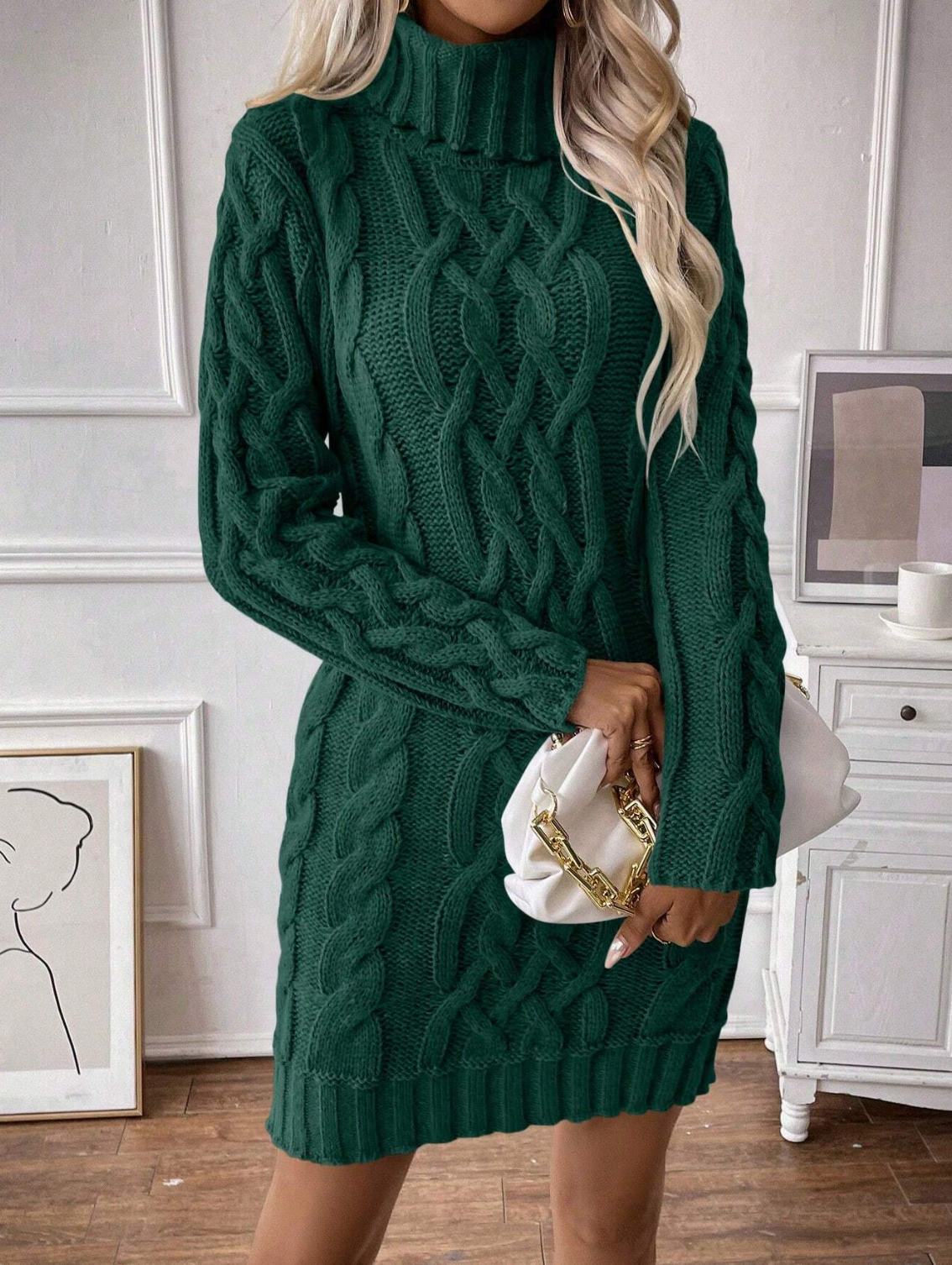 Claris - Vestido De Jersey De Punto De Cable Con Cuello De Tortuga Para Mujer