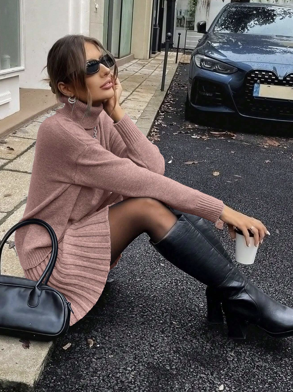 ZARAH - Conjunto casual de 2 piezas para mujer: Suéter de cuello alto con hombros caídos y manga larga