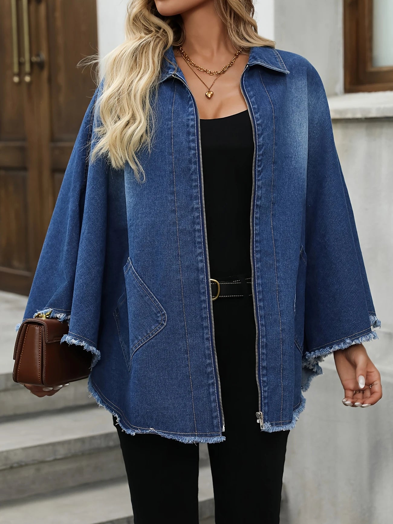 Somosa - Campera Vaquera Holgada Con Cremallera Manga Ancha