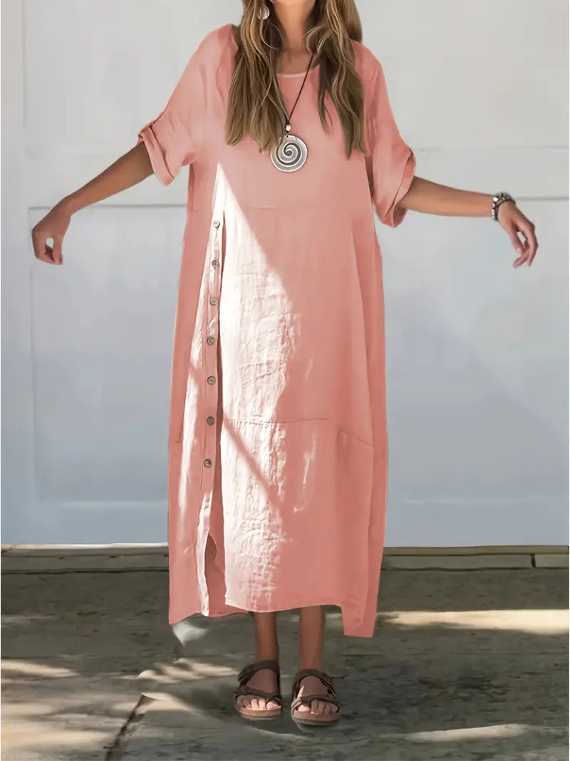 Laina - Vestido de Lino Holgado y Con Botones