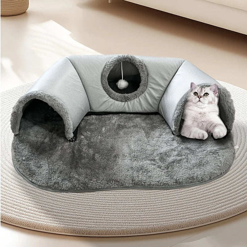 3 en 1 Túnel de Juego para Gatos, Cama de Gato, Cama Cálida y Confortable para Mascotas