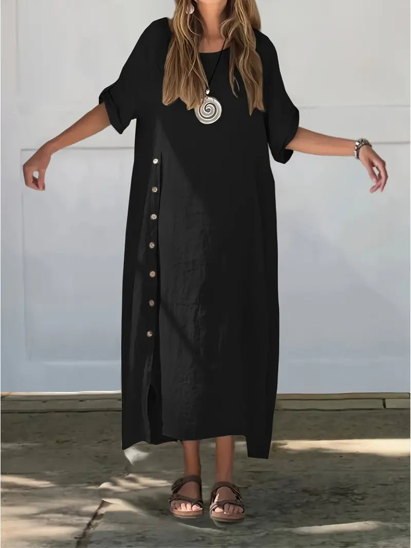 Laina - Vestido de Lino Holgado y Con Botones