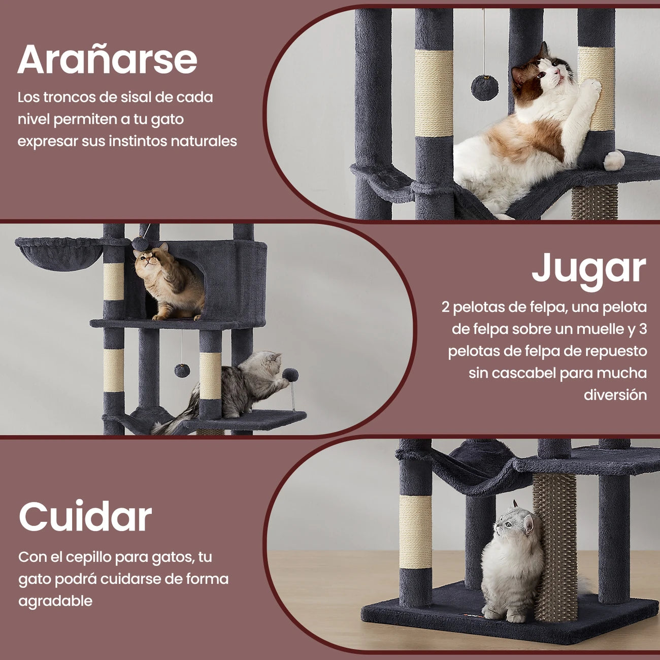 Árbol para Gatos de 175 cm, Torre Multinivel, 2 Niveles, 2 Hamacas, 5 Postes Rascadores