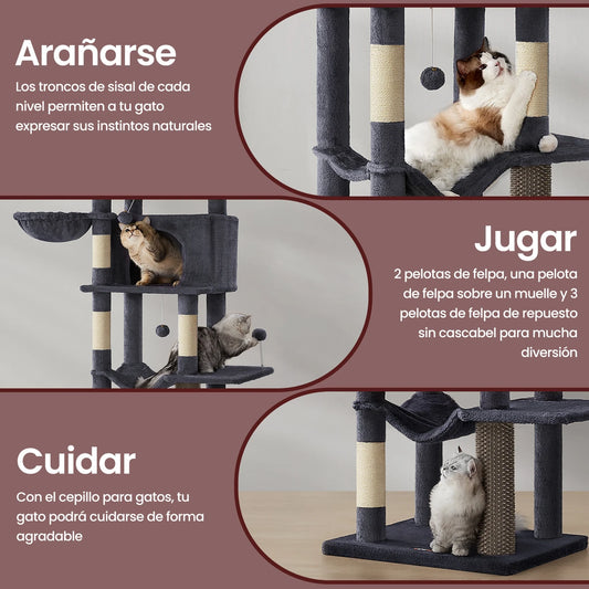 Árbol para Gatos de 175 cm, Torre Multinivel, 2 Niveles, 2 Hamacas, 5 Postes Rascadores