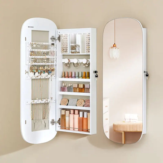 Armario para Joyas, Espejo Joyero de Pared, Organizador con Luz LED