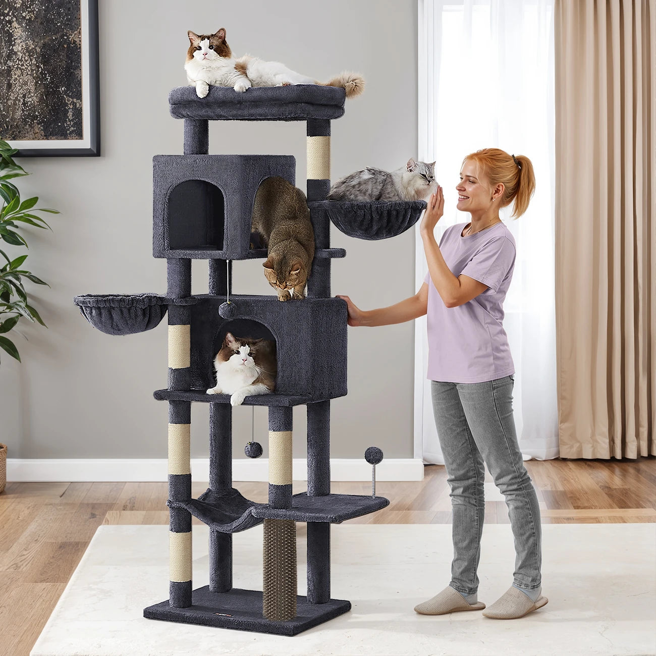 Árbol para Gatos de 175 cm, Torre Multinivel, 2 Niveles, 2 Hamacas, 5 Postes Rascadores