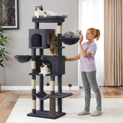 Árbol para Gatos de 175 cm, Torre Multinivel, 2 Niveles, 2 Hamacas, 5 Postes Rascadores