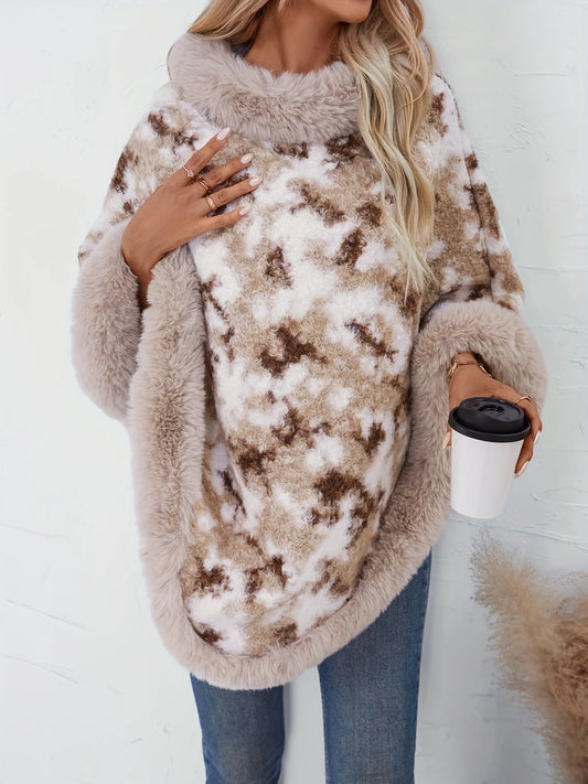 Mia - Poncho de punto difuso con cuello redondo, jersey casual de manga larga con dobladillo de pañuelo