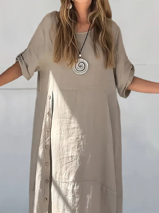Laina - Vestido de Lino Holgado y Con Botones