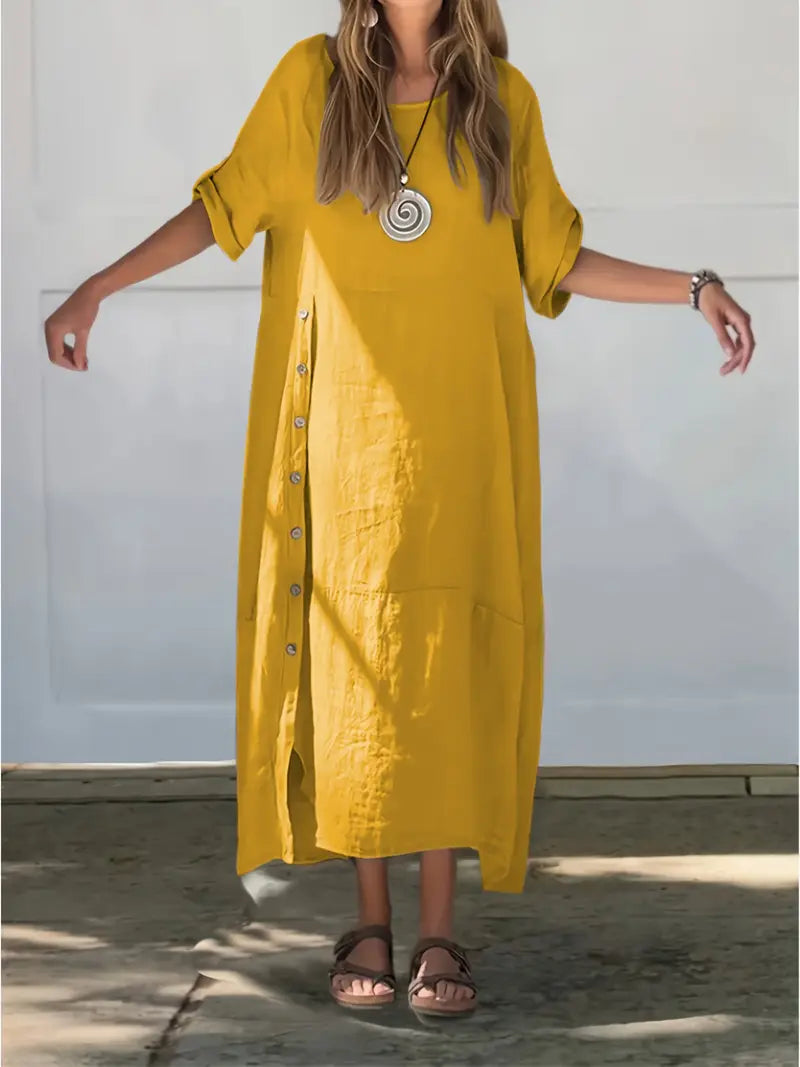 Laina - Vestido de Lino Holgado y Con Botones