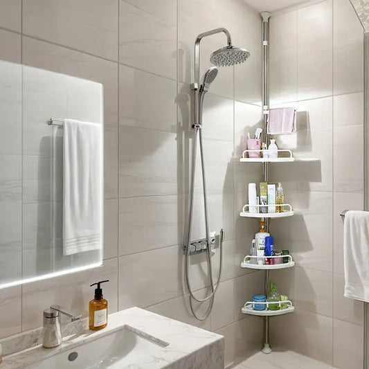 1 juego de estantes de esquina extensibles para baño con 4 compartimentos