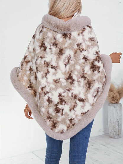 Mia - Poncho de punto difuso con cuello redondo, jersey casual de manga larga con dobladillo de pañuelo