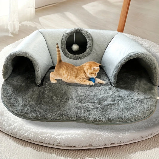3 en 1 Túnel de Juego para Gatos, Cama de Gato, Cama Cálida y Confortable para Mascotas