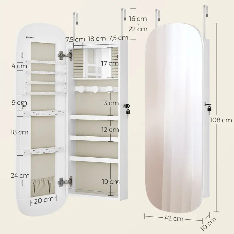 Armario para Joyas, Espejo Joyero de Pared, Organizador con Luz LED