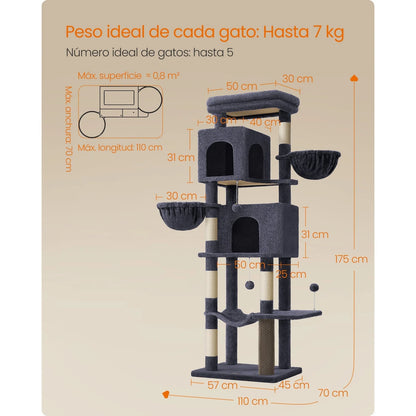 Árbol para Gatos de 175 cm, Torre Multinivel, 2 Niveles, 2 Hamacas, 5 Postes Rascadores
