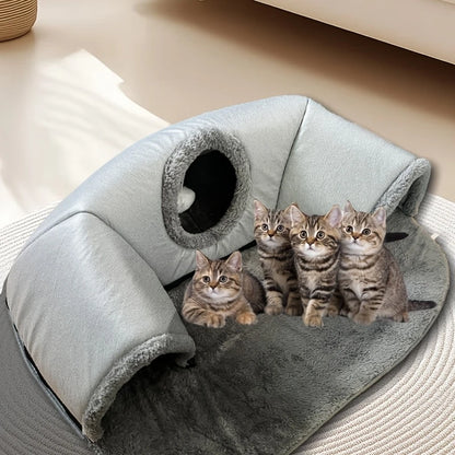 3 en 1 Túnel de Juego para Gatos, Cama de Gato, Cama Cálida y Confortable para Mascotas