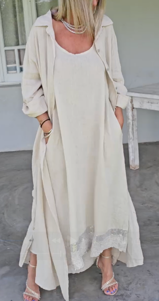 VESTIDO LEYA + CÁRDIGAN TEJIDO A MANO