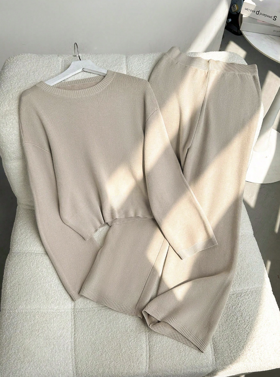 ZOEY - Set de 2 piezas de pantalón ancho de punto suelto y suéter estilo casual con cuello redondo