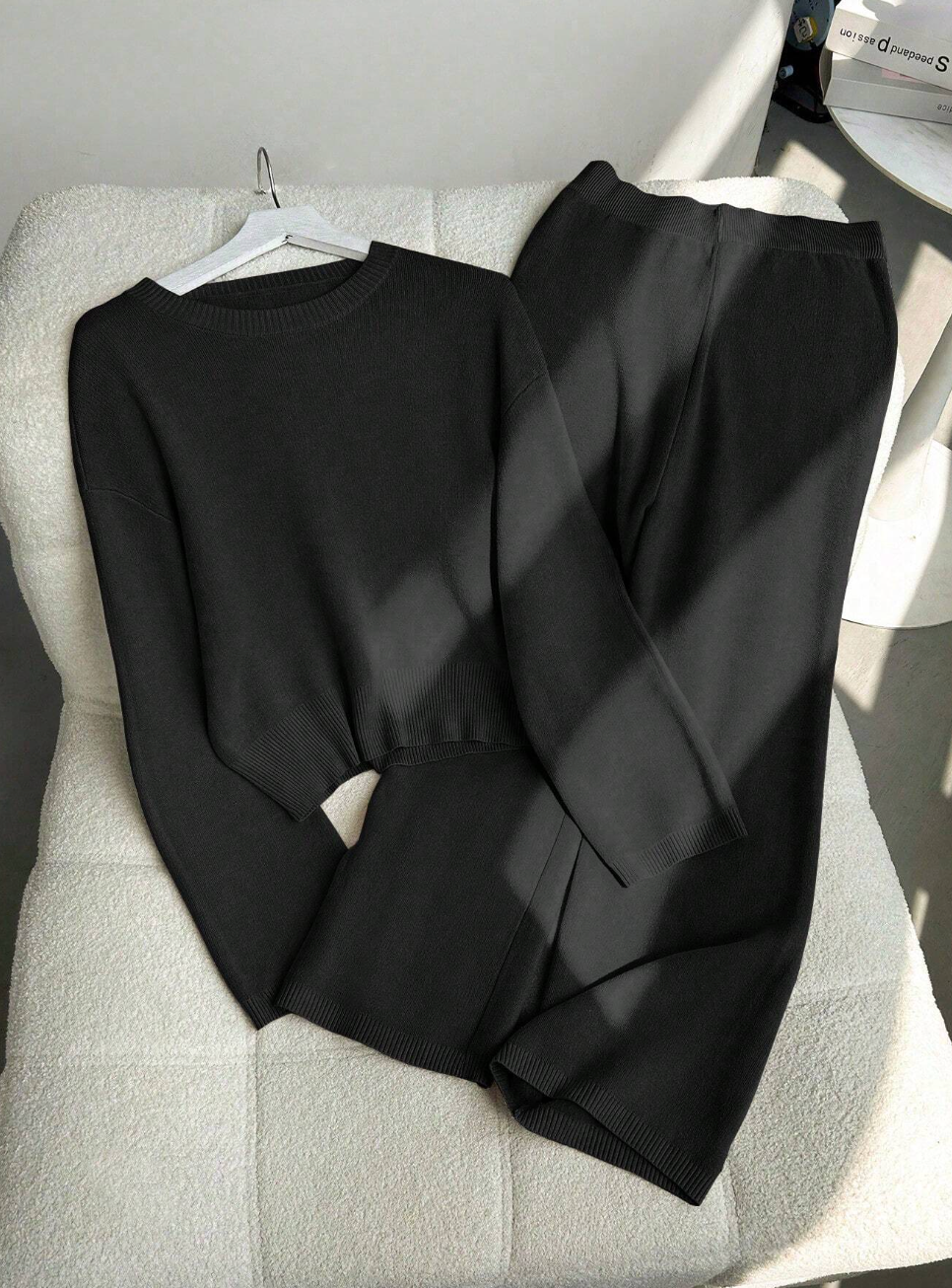 ZOEY - Set de 2 piezas de pantalón ancho de punto suelto y suéter estilo casual con cuello redondo