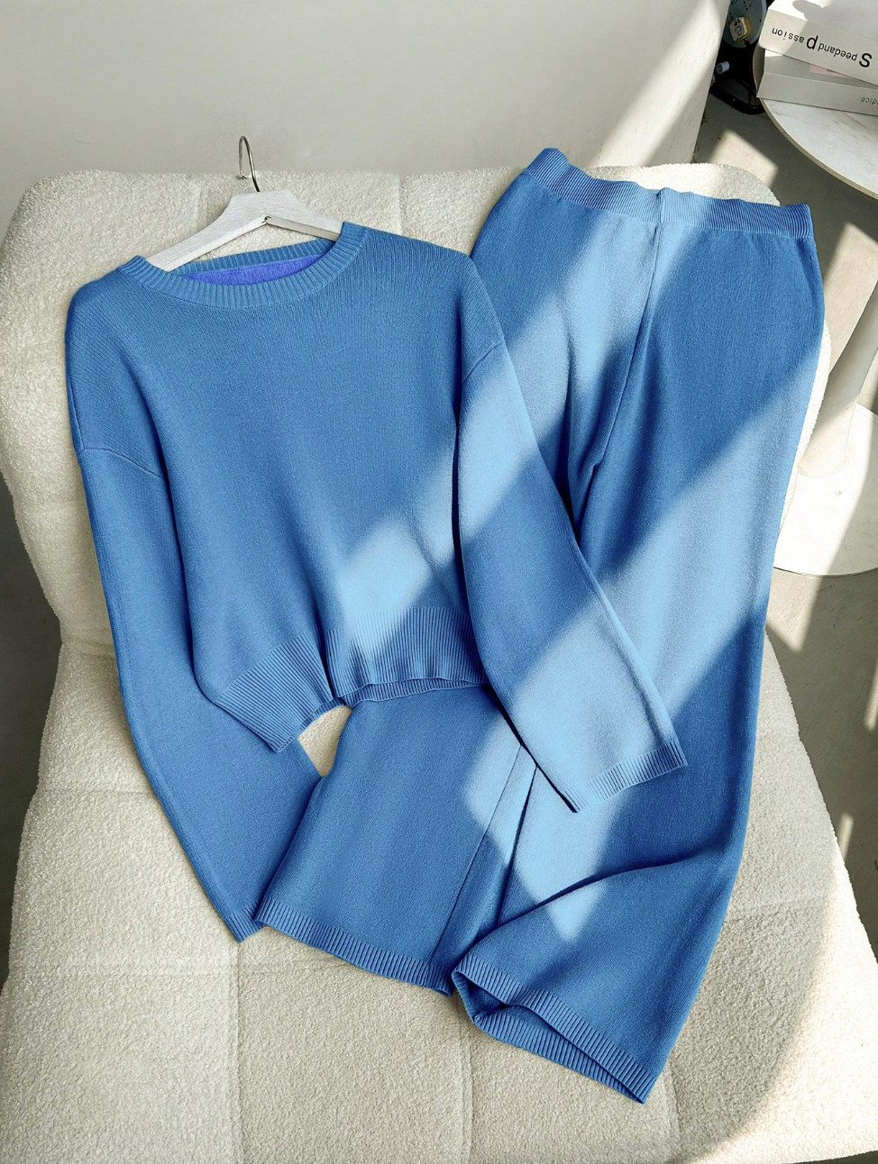 ZOEY - Set de 2 piezas de pantalón ancho de punto suelto y suéter estilo casual con cuello redondo