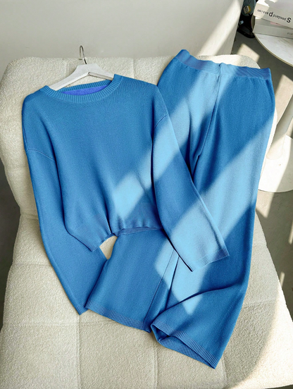 ZOEY - Set de 2 piezas de pantalón ancho de punto suelto y suéter estilo casual con cuello redondo