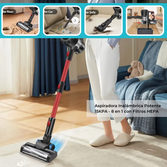 Aspiradora Inalámbrica Potente 15KPA - 8 en 1 con Filtros HEPA