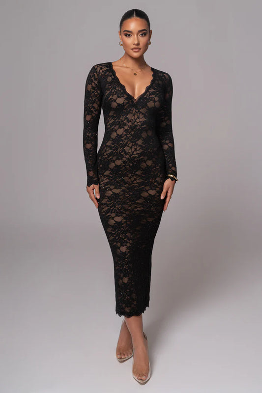 Prestige - Vestido largo de Encaje Negro Canadiense
