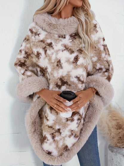 Mia - Poncho de punto difuso con cuello redondo, jersey casual de manga larga con dobladillo de pañuelo