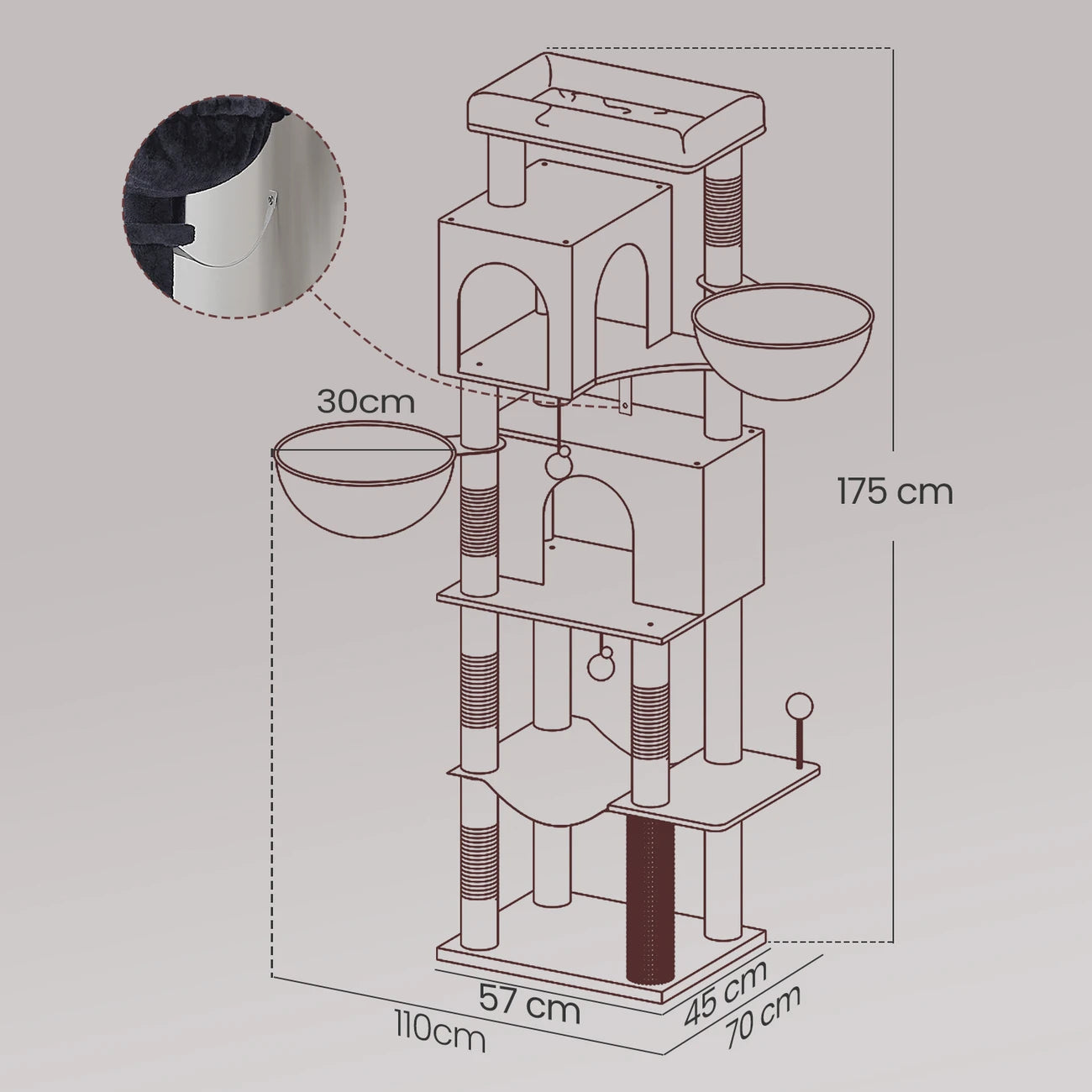 Árbol para Gatos de 175 cm, Torre Multinivel, 2 Niveles, 2 Hamacas, 5 Postes Rascadores