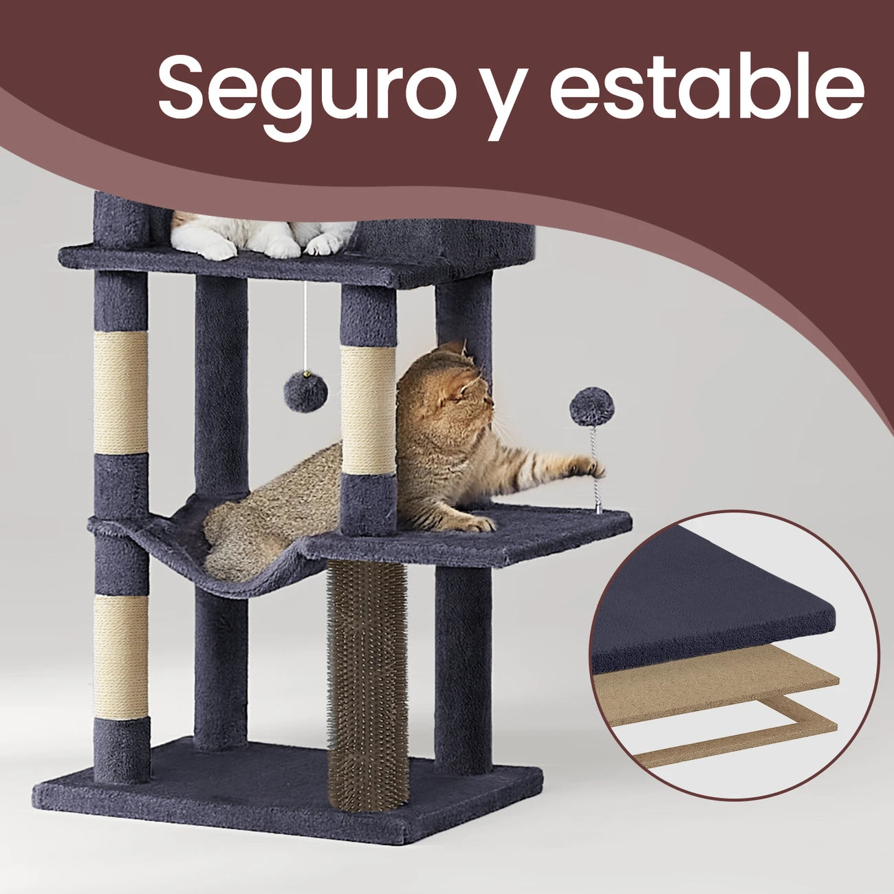 Árbol para Gatos de 175 cm, Torre Multinivel, 2 Niveles, 2 Hamacas, 5 Postes Rascadores